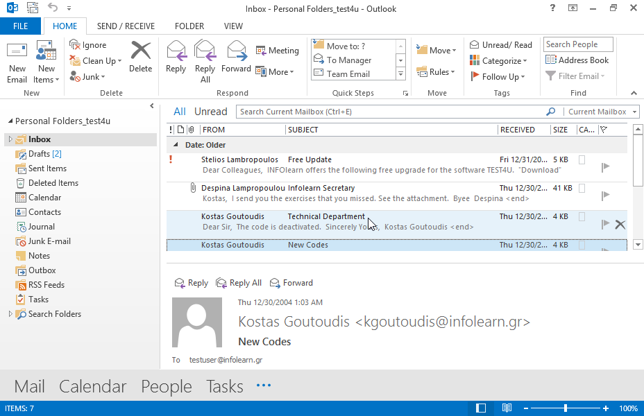 Create a new email message using the word TEST as subject and the text My first exercise in the main body. Then send your email to Stelios Lampropoulos. Create a new email message using the word TEST as subject and the text My first exercise in the main body. Then send your email to Stelios Lampropoulos.