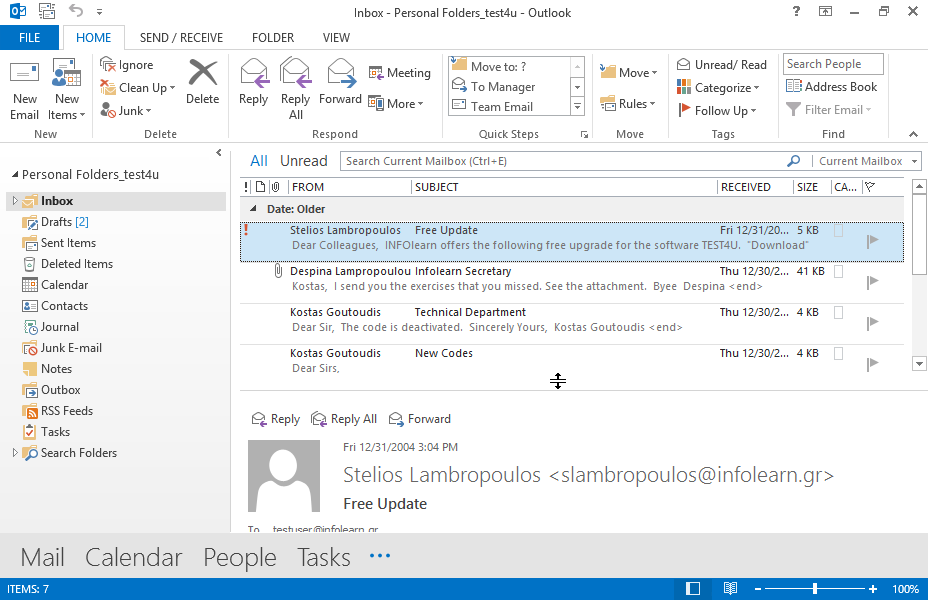 Create a new email message using the word TEST as subject and the text The first exercise in the main body of the message. Then send your email to Stelios Lampropoulos setting Kostas Goutoudis as blind carbon copy recipient. Create a new email message using the word TEST as subject and the text The first exercise in the main body of the message. Then send your email to Stelios Lampropoulos setting Kostas Goutoudis as blind carbon copy recipient.