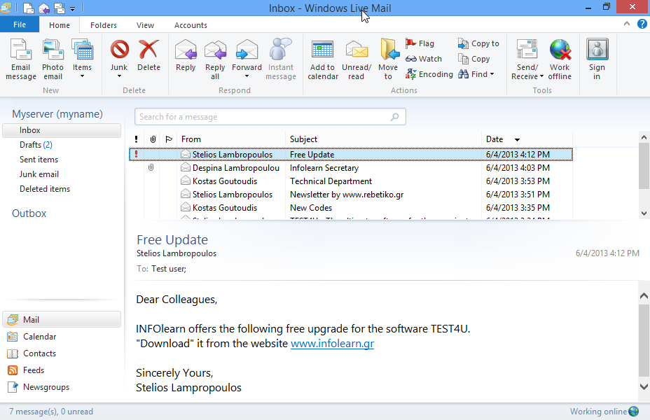 Create a new email message with subject insert file and insert the text of the text.txt file located in the TEST4UFolder folder on your desktop into the main body of the message. Then send the message to Stelios Lambropoulos. Create a new email message with subject insert file and insert the text of the text.txt file located in the TEST4UFolder folder on your desktop into the main body of the message. Then send the message to Stelios Lambropoulos.