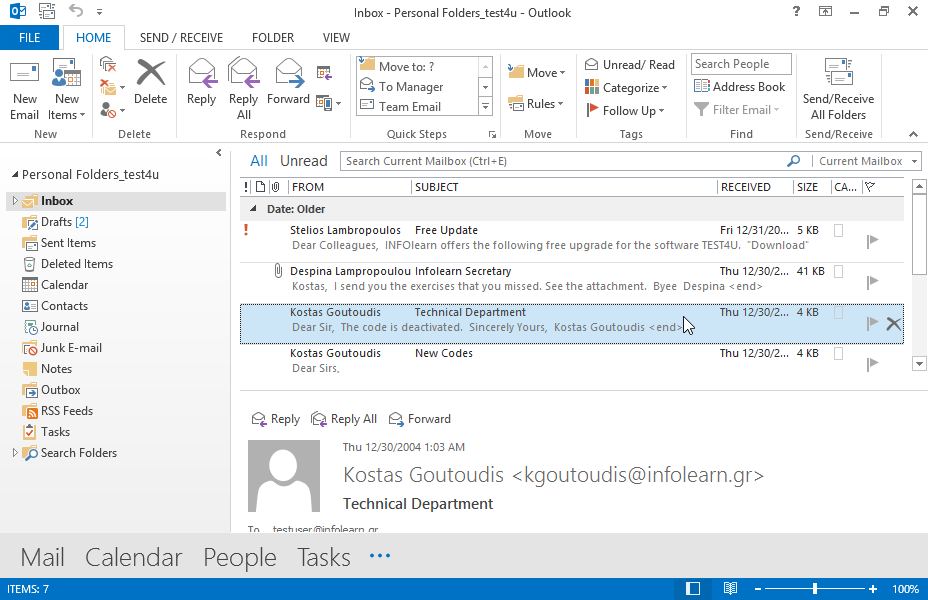 Create a new email message with the subject Test and the text The first exercise in the main body of the email. Send it to Stelios Lampropoulos and make sure the email includes a read receipt request.