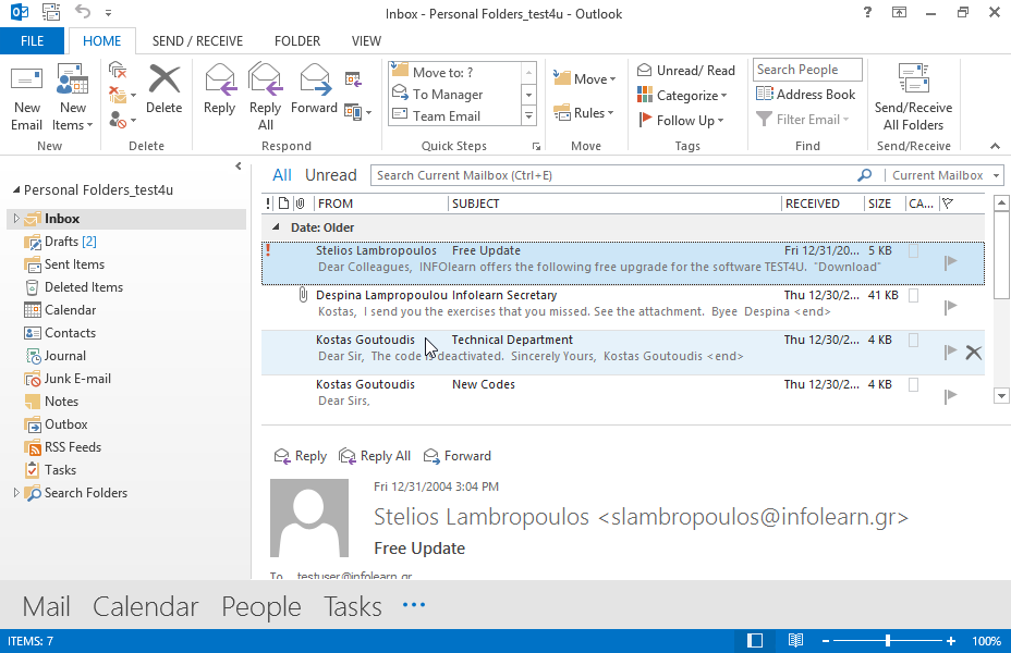 Create a new email message with the subject Test and the text The first exercise in the main body of the email. Then send it to Stelios Lampropoulos. The word first should be displayed in bold and the word exercise in italics.