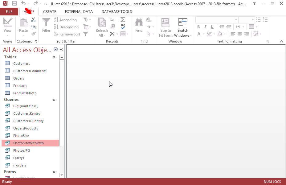 Create a new form, based on the OrdersProducts query and named OrdersProducts in tabular layout. The form will display the OrderDate, Description, Quantity and Price fields (following this order). Then create a form named Customers in columnar layout based on the Customers table that will display all fields of the table. Insert the OrdersProducts form as subform in the Customers form. Set the CustomerID as link field between the two forms. Save and close the form.