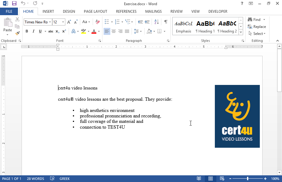 Create a new paragraph style and save it as cert4u based on the Normal style using the following font style: Arial, bold, blue, 0,25" first line indent. Then apply the new style on the paragraph which begins with the phrase high aesthetics environment Create a new paragraph style and save it as cert4u based on the Normal style using the following font style: Arial, bold, blue, 0,25" first line indent. Then apply the new style on the paragraph which begins with the phrase high aesthetics environment