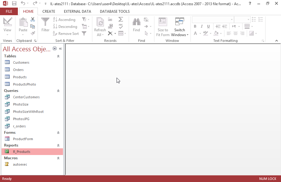 Create a new report which will be based on the query r_orders in which all the fields will appear. Grouping level based on the field CustomersCode. Ascending ordering according to Description, with summary of sum of the field TotalValue and sum of the field Quantity (show detail and summary without percentage calculations). Set the orientation of the report to Landscape. Save the report under the name r_orders and close it.