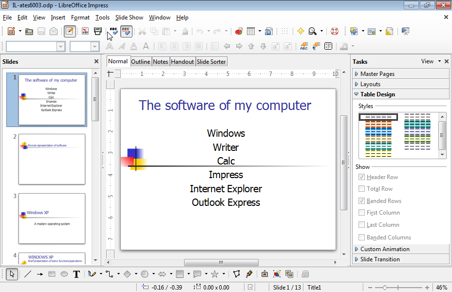 Create a new subfolder under the name myppts in the IL-ates\LO_Impress folder on your desktop. Then save the current presentation as test.odp. Create a new subfolder under the name myppts in the IL-ates\LO_Impress folder on your desktop. Then save the current presentation as test.odp.
