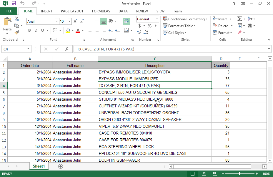 Create a pivot table report beginning from the cell G5. The report will derive data from the cell range A1:D201 and will display the field Order date as row labels and the field Full name as column labels. Set the Sum of the field Quantity in Values area.