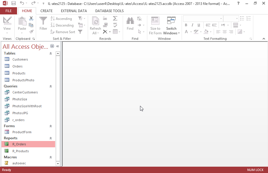 Create a report based on all fields of the r_orders query grouped by the CustomersCode field. The report will display the maximum of the TotalValue. Accept the default properties and save the report under the name All_Orders. Finally, close the report.