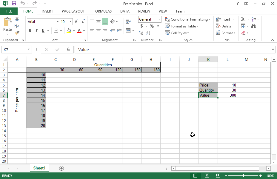 Create a table in the cell range C3:H13 to multiply the values displayed in the cell range B3:B13 by the quantities displayed in the cell range C2:H2. Create a table in the cell range C3:H13 to multiply the values displayed in the cell range B3:B13 by the quantities displayed in the cell range C2:H2.