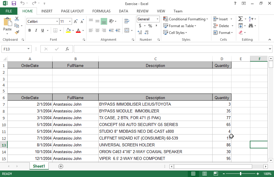 Create an advanced filter to display only orders placed after 02/02/2004, by Lambropoulos Stelios, in a quantity greater than 10.