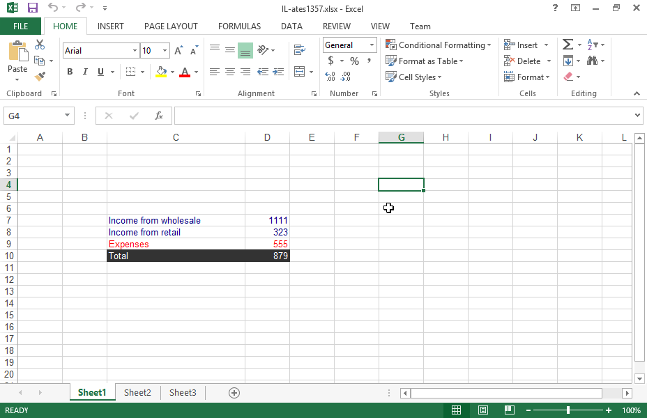 Create two scenarios using the following data. The changing cells will be D7:D9. The first one, named Optimistic, will display: 
value 1323 in the cell D7 
value 543 in the cell D8 
value 987 in the cell D9.
The second, named Pessimistic, will display: 
value 989 in the cell D7 
value 243 in the cell D8 
value 890 in the cell D9.