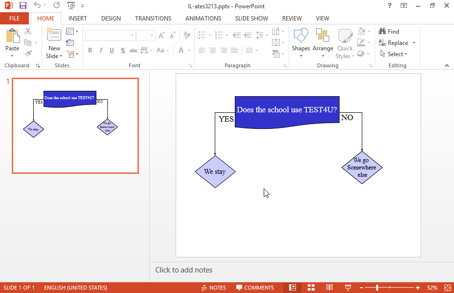 Delete the autoshape which displays the text We go somewhere else of the current slide.