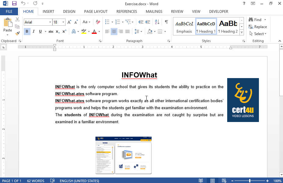 Delete the bookmark cert4u displayed on the text INFOWhat. Then, create a new bookmark for the sentence which begins with the phrase The students of INFOWhat using INFOlearn as bookmark name.