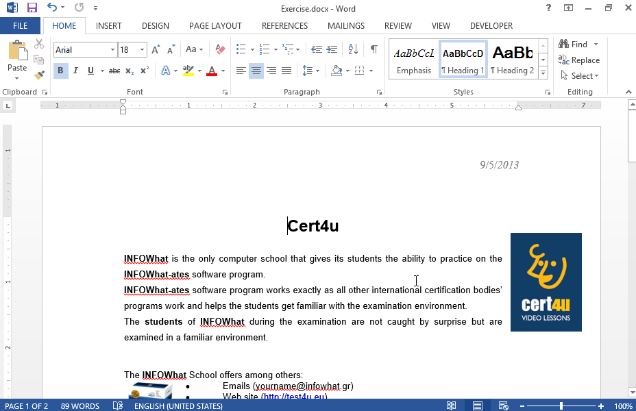 Delete the date field and the total of the section breaks from the current document. Then, save it as word template using the name cert4u in the IL-ates folder on your desktop.