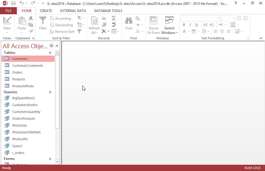 Delete the text boxes which display the Name and Surname fields from the Customers form. Insert a new text box named FullName that will display Customer_Name and Customer_Surname with a space in between. The caption will display the text FullName.
Save the form.