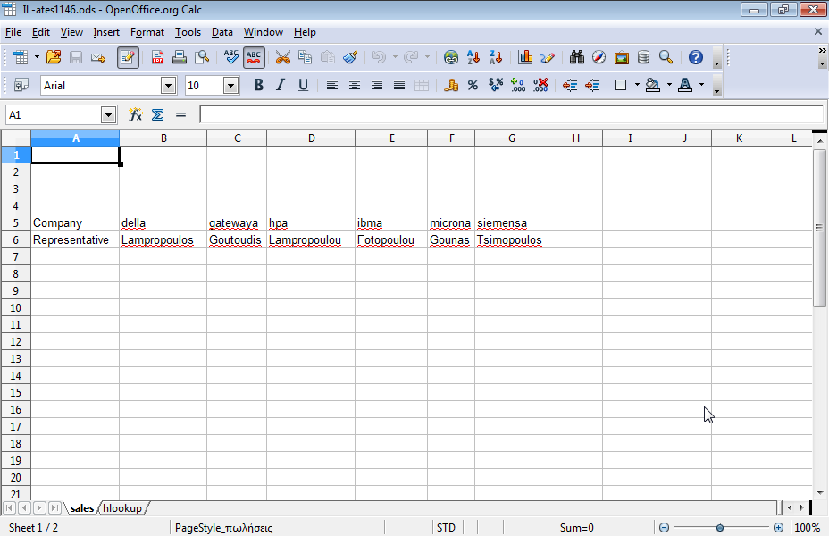 Display the representative of the Della company in cell Â8 of the hlookup workbook using the hlookup function. Representatives of companies are recorded in the SALES worksheet. Then reproduce the function up to cell G8.