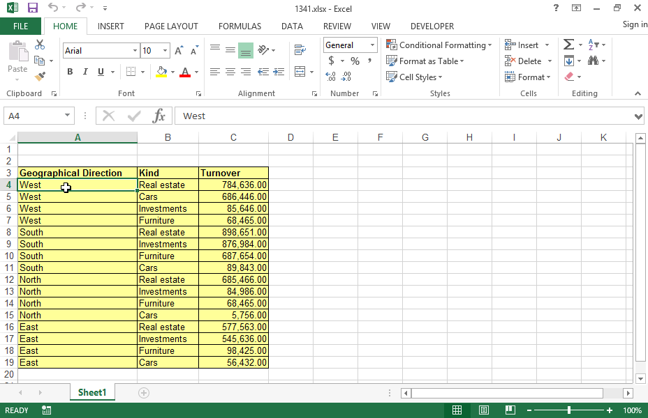 Display the subtotal for the turnover appearing on the cell range A3:C19 at each change in Geographical Direction. Make sure there are page breaks between groups.