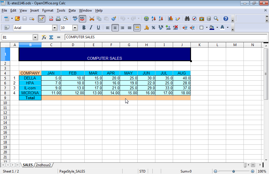 Enter a function in cell C9 of the SALES worksheet to return the sum of the cell range C5:C8.