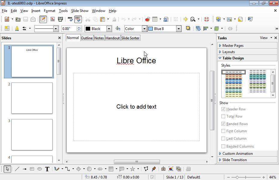Enter the text LibreOffice in the footer of every slide of the presentation.