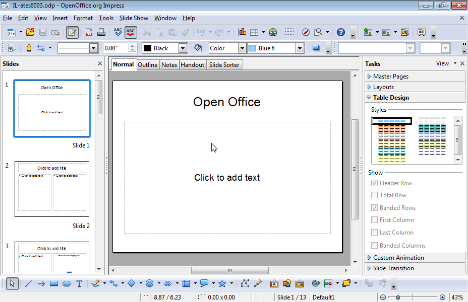 Enter the text OpenOffice in the footer of every slide of the presentation.