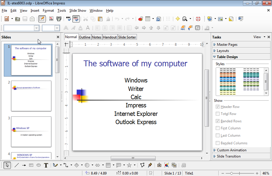 Export the current presentation as web page using the name IL_ates6003.htm to the IL-ates\LO_Impress folder on your desktop.