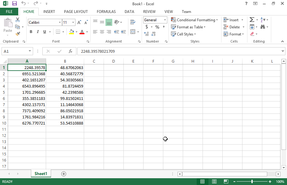 Format the cell range A1:A10 so that numbers are displayed with a thousand separator and 2 decimal places (use the Number category).
Format the cell range B1:B10 so that numbers are displayed without thousand separator and with 4 decimal places (use the Number category).