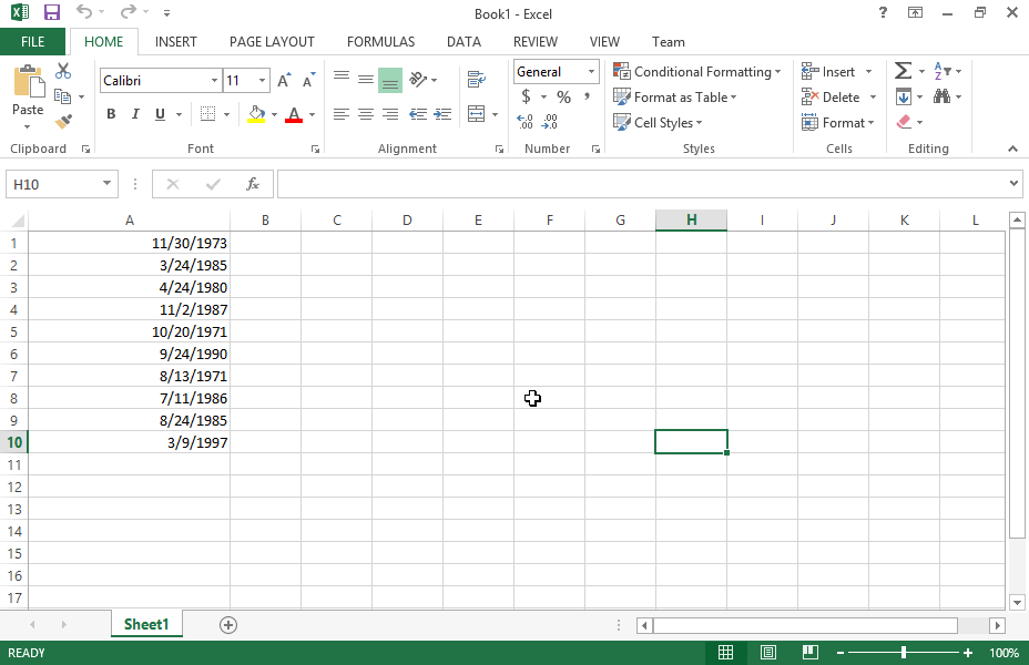 Format the cell range A1:A10 so that the date is displayed as follows: day written in full, a space, month written in full, a space, year in 4 digits, a division slash (/), the day of the month in two digits.