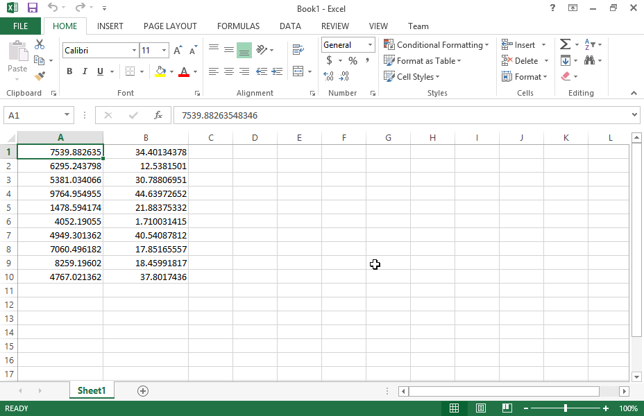 Format the cells A1:B10 so that numbers are displayed with a thousand separator, with 2 decimal places and in the default currency of the system (use the Currency Category).