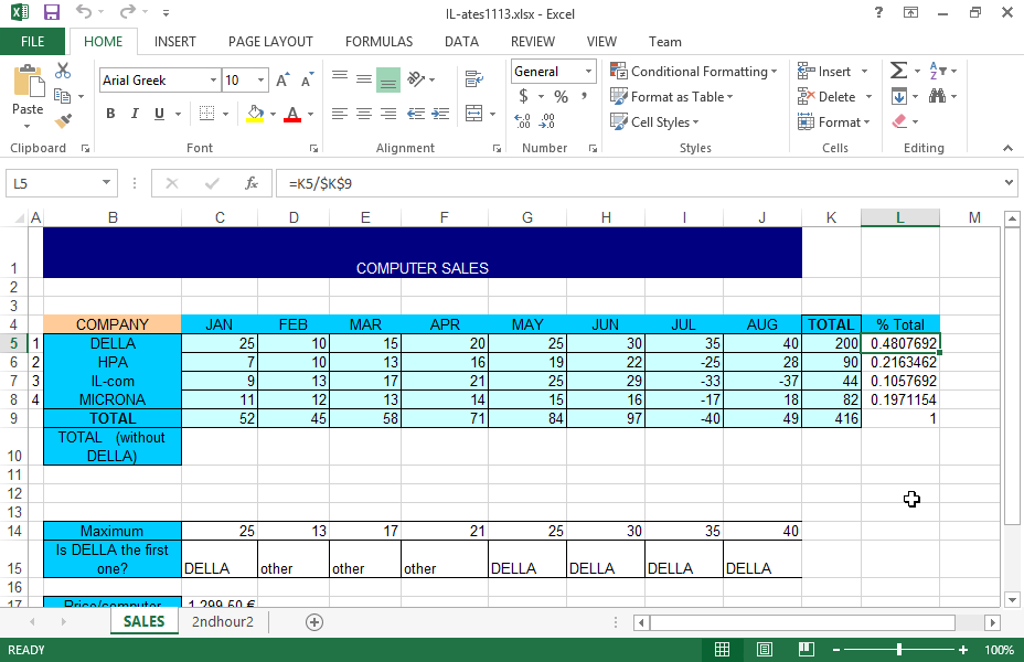 Format the numbers of the cell range L5:L9 so that they are displayed as percentages with one decimal place.