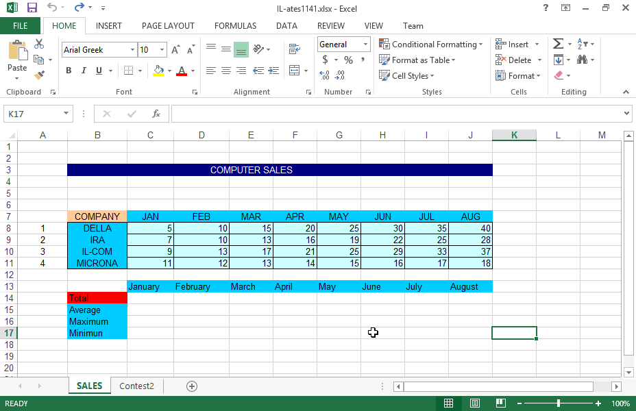 Insert a 3-D column chart in the Contest2 sheet to display the sales of the four companies for August, as they appear on the SALES worksheet. Change the color of the columns to blue, the shape of the columns to Full Pyramids (2) and the chart depth to 150.