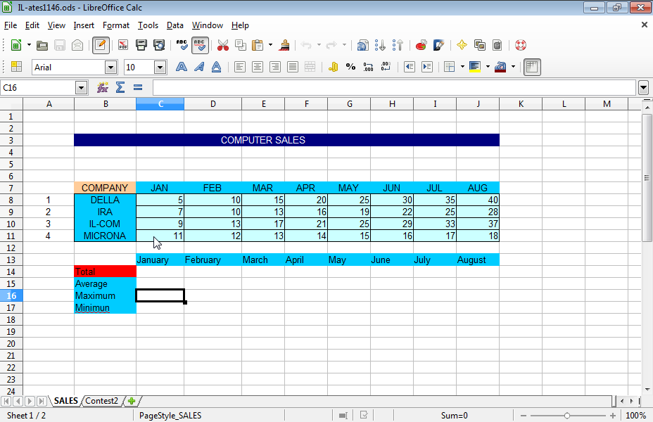 Insert a Normal Column chart with 3D Look in the Contest2 sheet to display the sales of the four companies for August, as they appear on the SALES worksheet. Change the color of the columns to blue, the shape of the columns to pyramids and the chart perspective to 100.