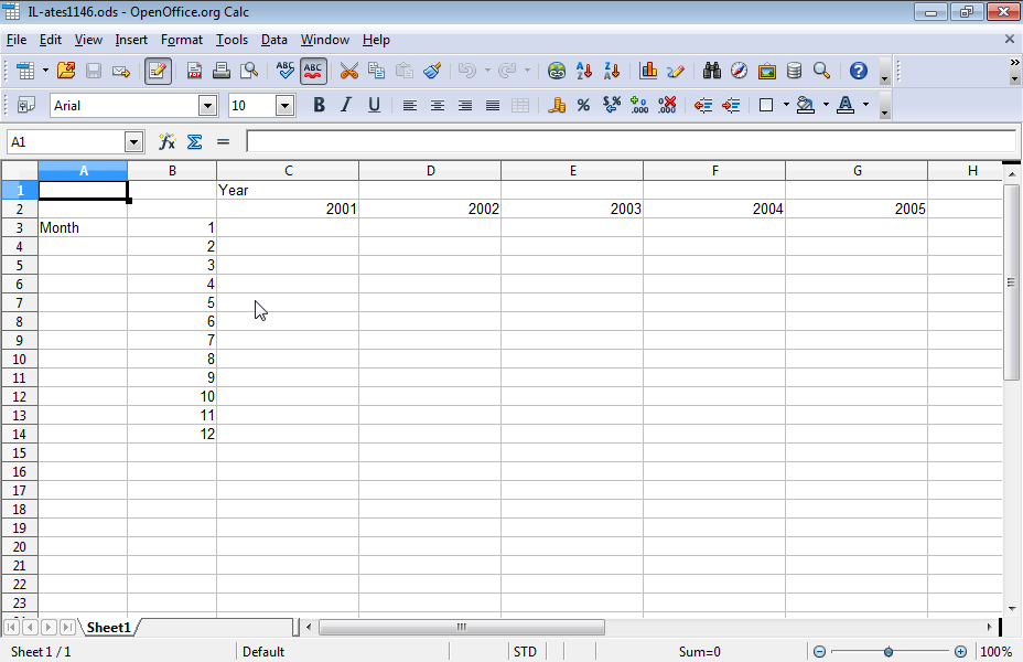 Insert a appropriate function in cell C3 to return a date using the year appearing in cell C2, the month appearing in cell Â3 and the 1st of the month. Reproduce the function in the cell range C3:G14 using the same pattern.