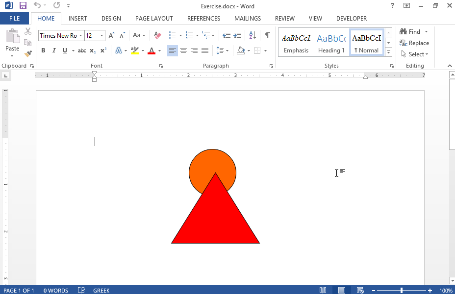 Insert a blue square on the current document. Place it one level in front of the circle and one level behind the triangle. Then group the objects.