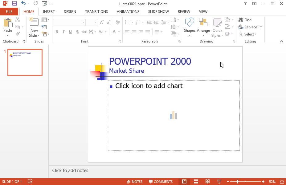 Insert a column chart using the default options on the current slide. Make sure the slide displays the following data:PowerPointOthers200280%20%200390%10% 
Save and close the presentation.
