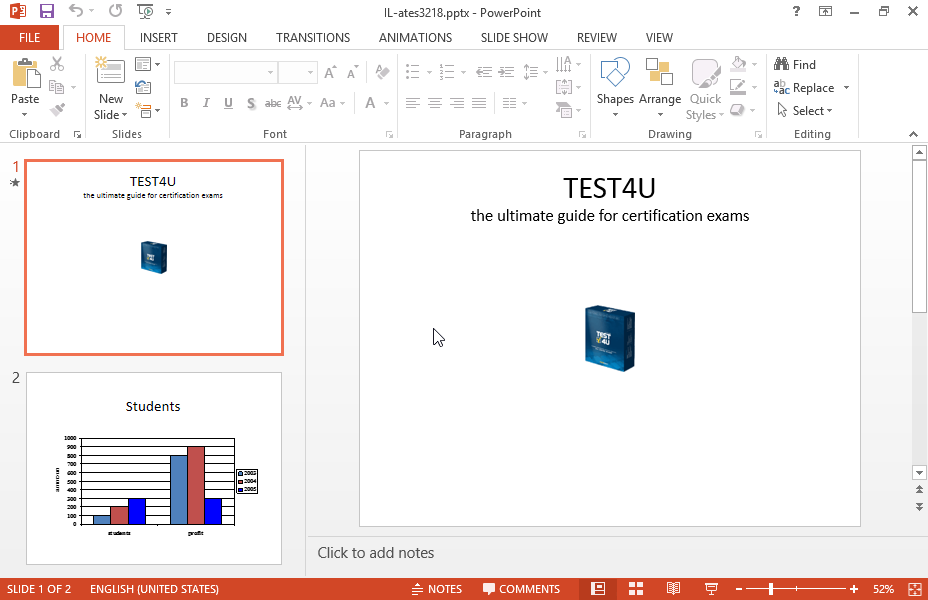 Insert an action in the chart which appears on the second slide of the current presentation, so that if you click the chart during the slide show, the students spreadsheet located in the IL-ates\Excel of your desktop is opened.