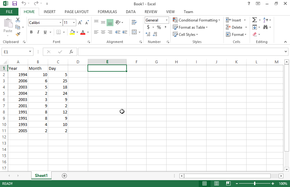 Insert an appropriate function in the cell E2 to return the date for the values of the cell range A2:C2. Reproduce the function in the cell range E3:E11.