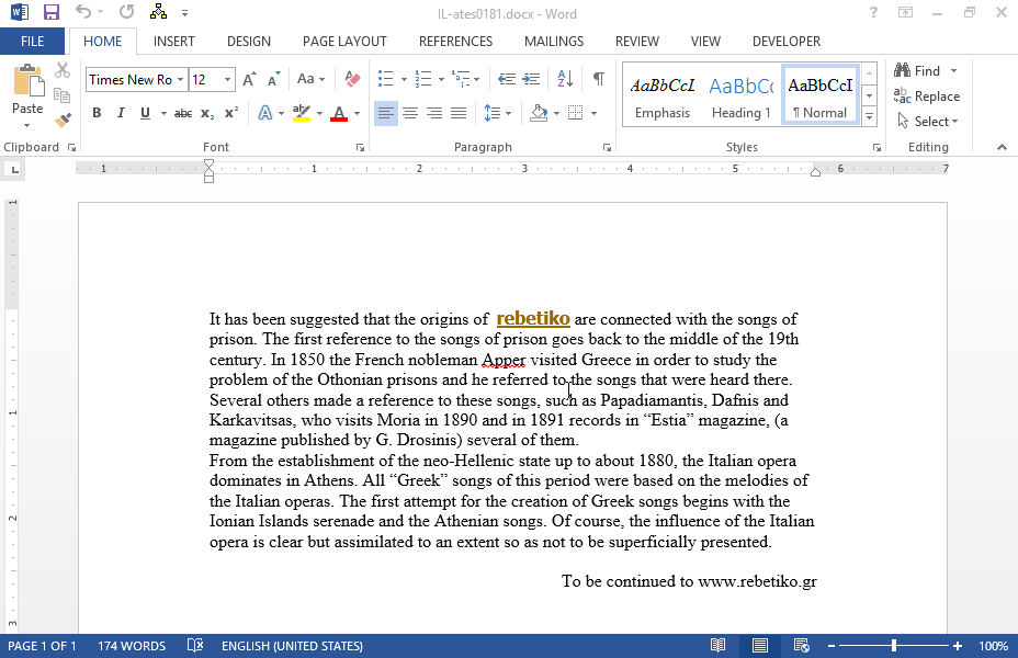 Insert an outside border on the ninth word (rebetiko) of the text. Insert left and right borderline on the second paragraph. Insert an outside border on the last paragraph.