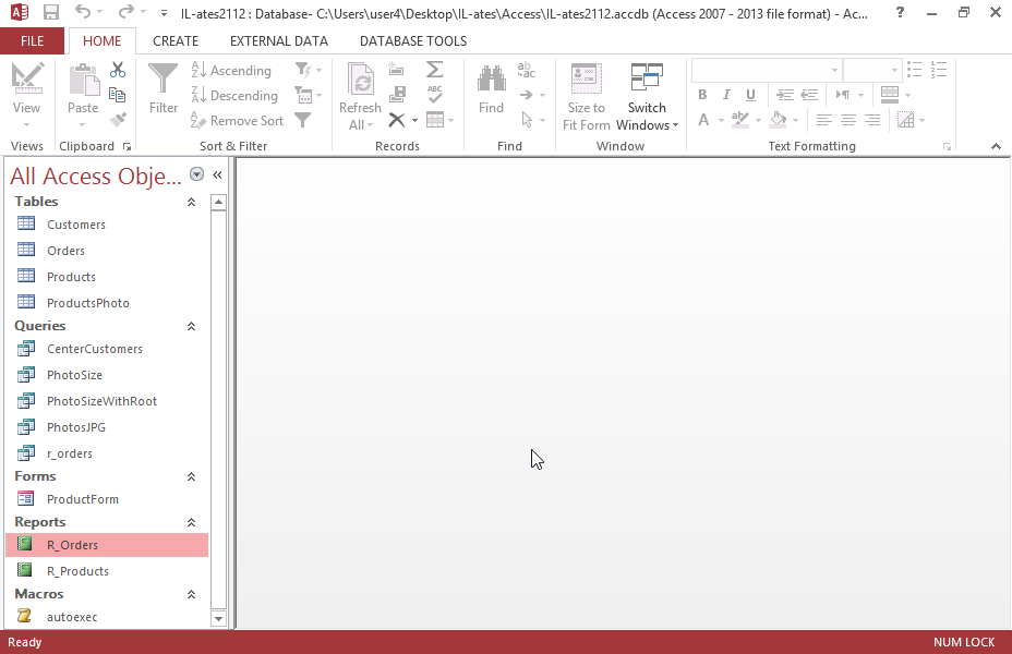 Insert one more text box in the CustomersCode footer section of the R_Orders report to display the average of the TotalValue field. Insert the same text box in Footer section of the report too. Make sure both of the boxes are displayed in 12pt Arial Black font. Save and close the report.