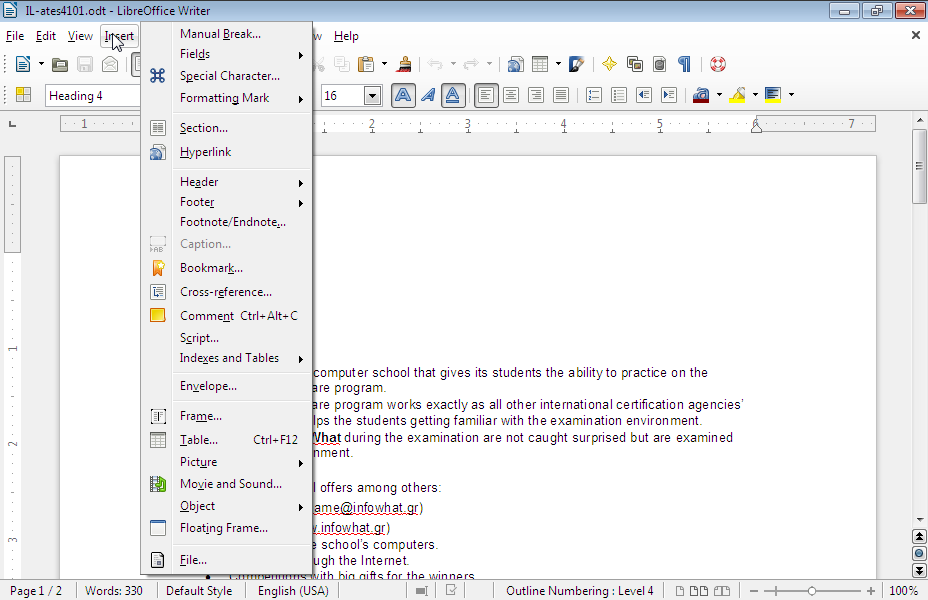 Insert page numbering to the footer using right alignment, on every page of the document, in Latin capitals numerals(I, II, III …) , and the numbering starting from number II (2).