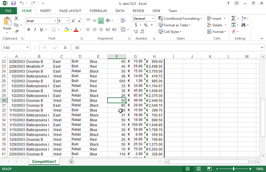 Insert the appropriate data in the cell range Á51:C52 so that if you apply an advanced filter, only entries:
Black color, pieces <50 and Total >2000 or
Red color, pieces >50 and Total <2000 are displayed. (Insert data in the provided order). 
Copy the outcome in the cell range beginning from cell A60.