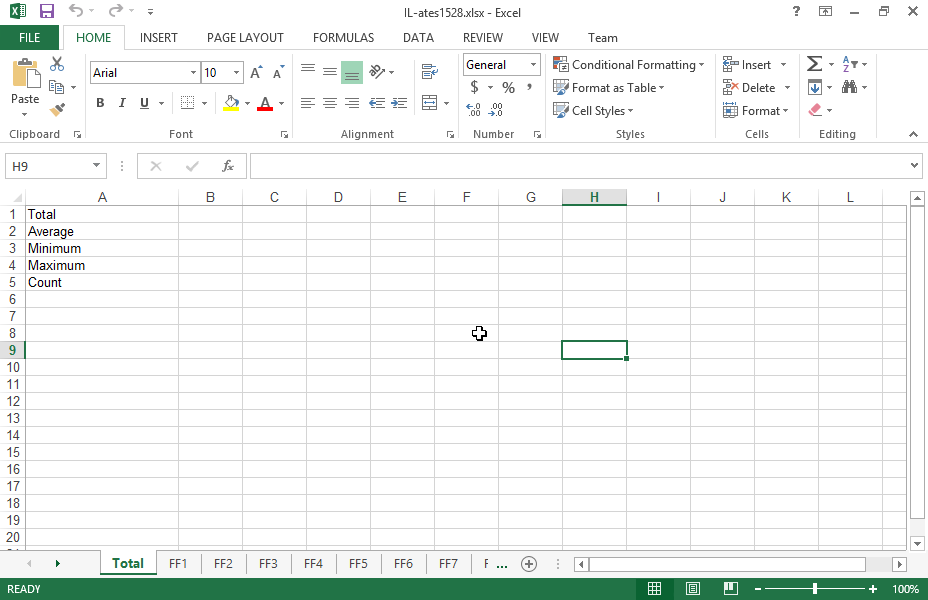 In the cell B1 of the Total worksheet insert the appropriate function to sum up the cells within the cell range A1:A10 from the FF1 worksheet through to the FF12 worksheet.
Insert in the cell B2 a function that returns the average of the respective cell range, in cell B3 for the minimum, in cell B4 for the maximum and in cell B5 for the total of cells displaying numbers, following the same pattern.