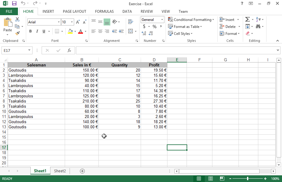 Ιn the Sheet1 worksheet, insert the following entries: 
Lambropoulos 75.00€ 109.75€ Goutoudis 45.00€ 65.85€
and update the pivot table in the Sheet2 worksheet. 