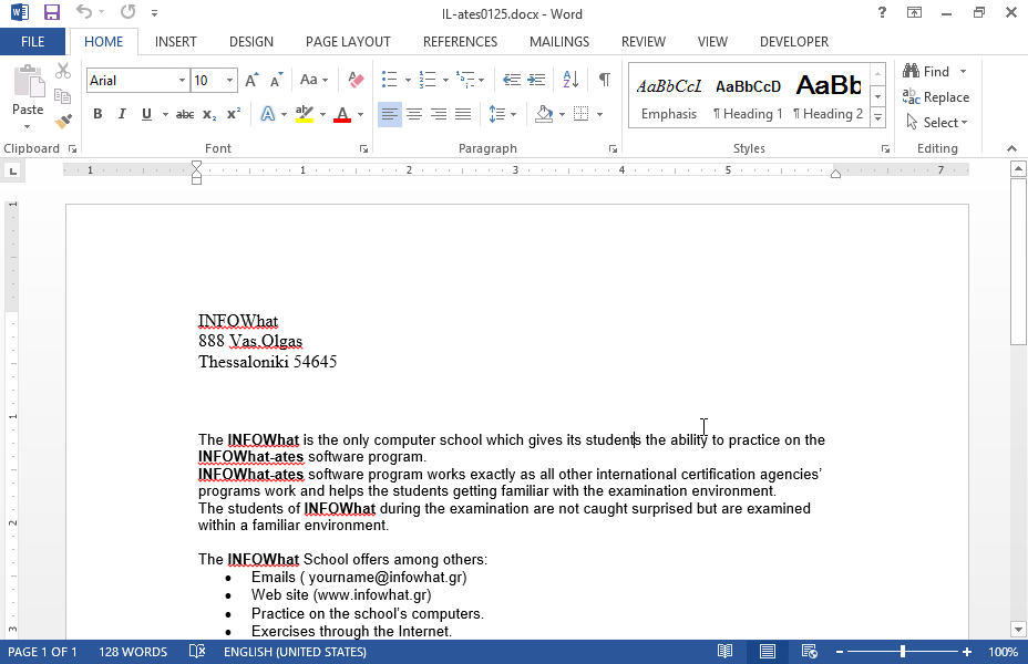 Insert the text INFO-business in the first cell of the empty row of the table, the text according to the program in the following cell and the text OAED (program 0,45), Web Design in the last one. 
Apply dark blue color in the phrase INFO-business which appears on the table. 