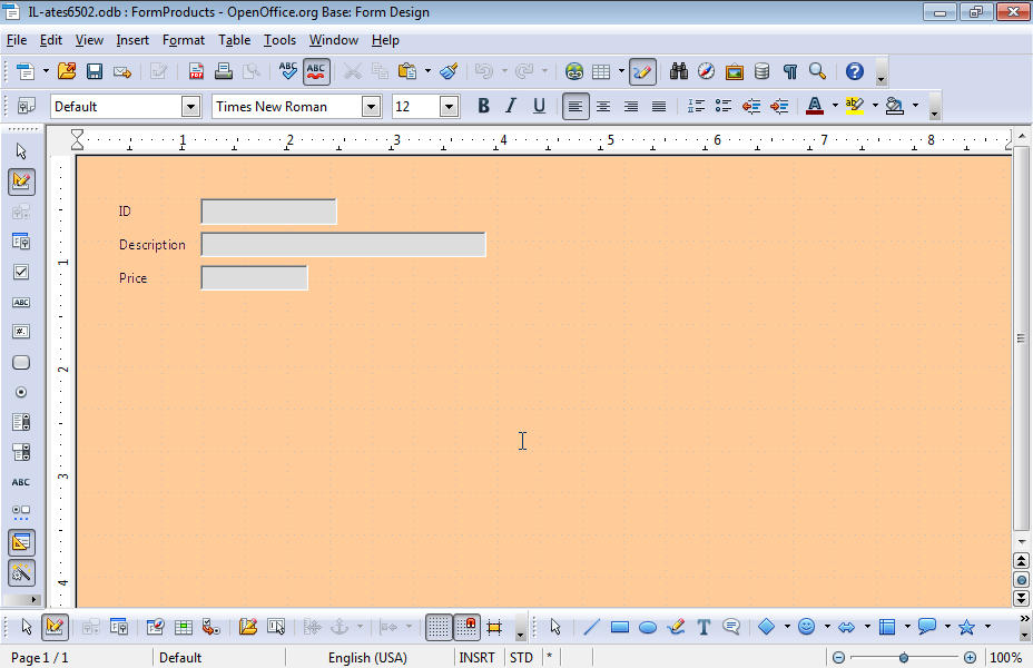 Insert the text Products in the header of the FormProducts form. Format the label in Arial, 12pt, bold, white font, with red background color. Save and close the form. Insert the text Products in the header of the FormProducts form. Format the label in Arial, 12pt, bold, white font, with red background color. Save and close the form.