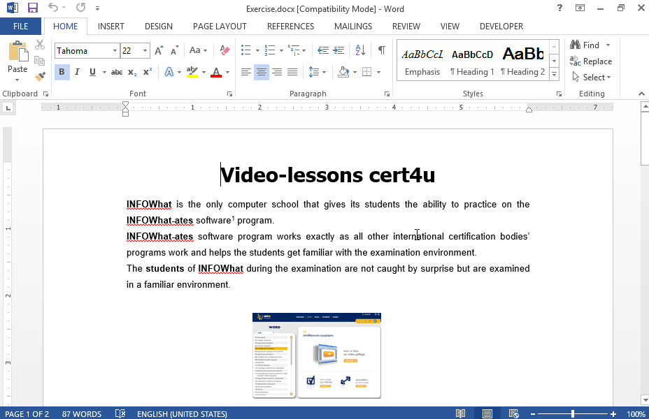 Insert the text The best video-lessons as endnote at the end of the sentence ..in a familiar environment which appears on the first page. Use Roman capital numerals (Latin characters). 
Then insert the text cert4u in the beginning of the footnote text which appears at the end of the first page (leave a space between the words cert4u and video).