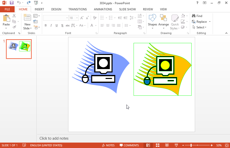 Make sure the shape on the left is similar to that on the right. Apply orange background color, blue color on the mouse shape and yellow on the screen circle. Then remove the green border from the shape on the right.