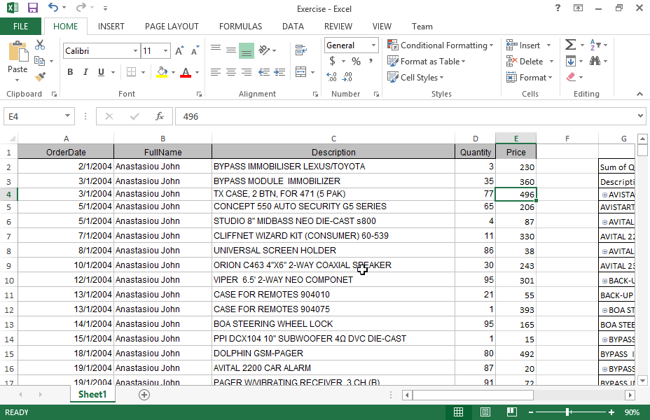 Modify the worksheet to display the product's total price instead of Quantity in the pivot table (Do not use a calculated field, and do not move the pivot table).