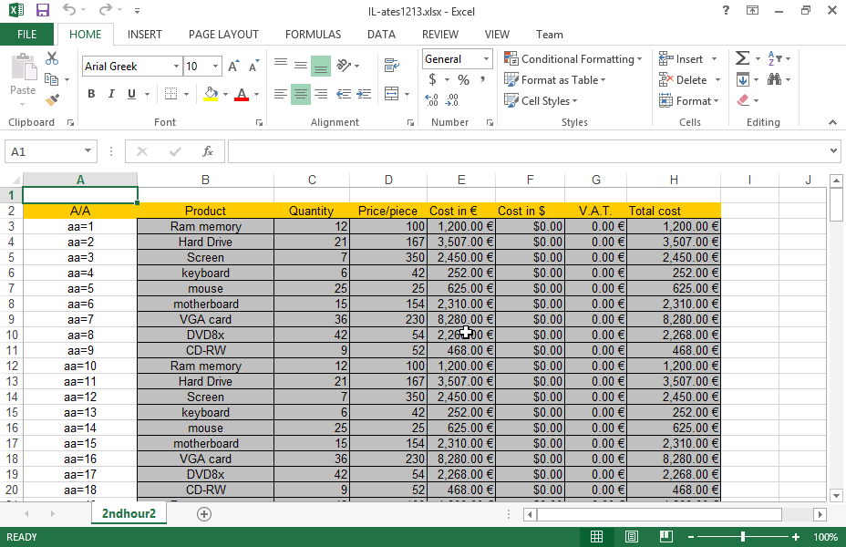 Move the cells A2:B8 of the active sheet to the cell area A1:B7 of the first spreadsheet of a new workbook.