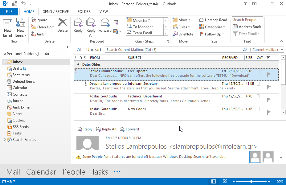 Move the email displayed in the Secretary subfolder into the Sent Items folder. Move the email displayed in the Secretary subfolder into the Sent Items folder.