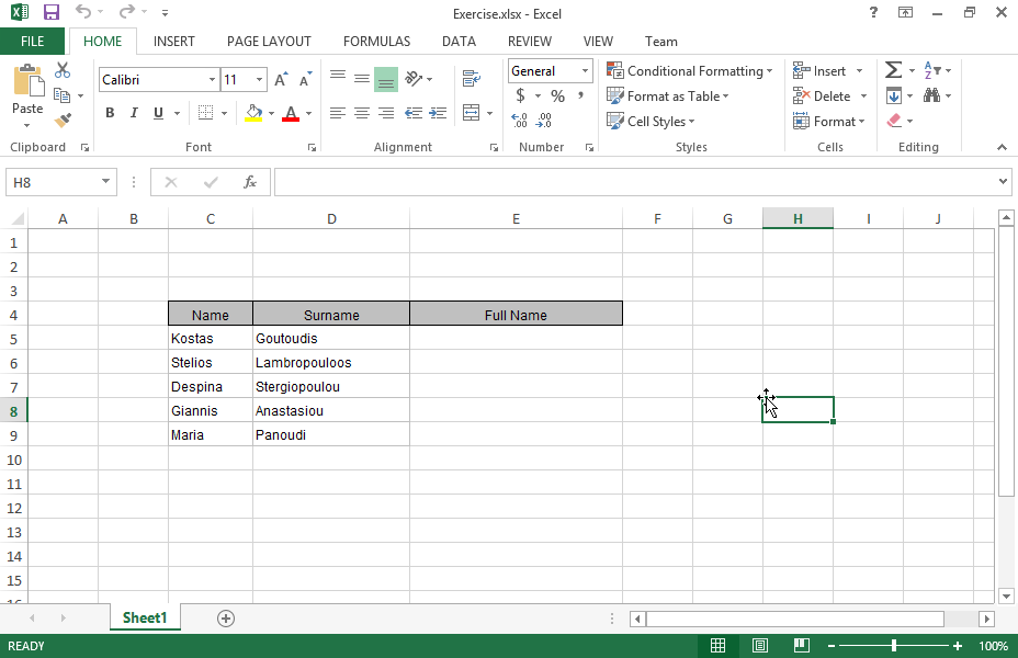Name the cell range E5:E9 as FullName.