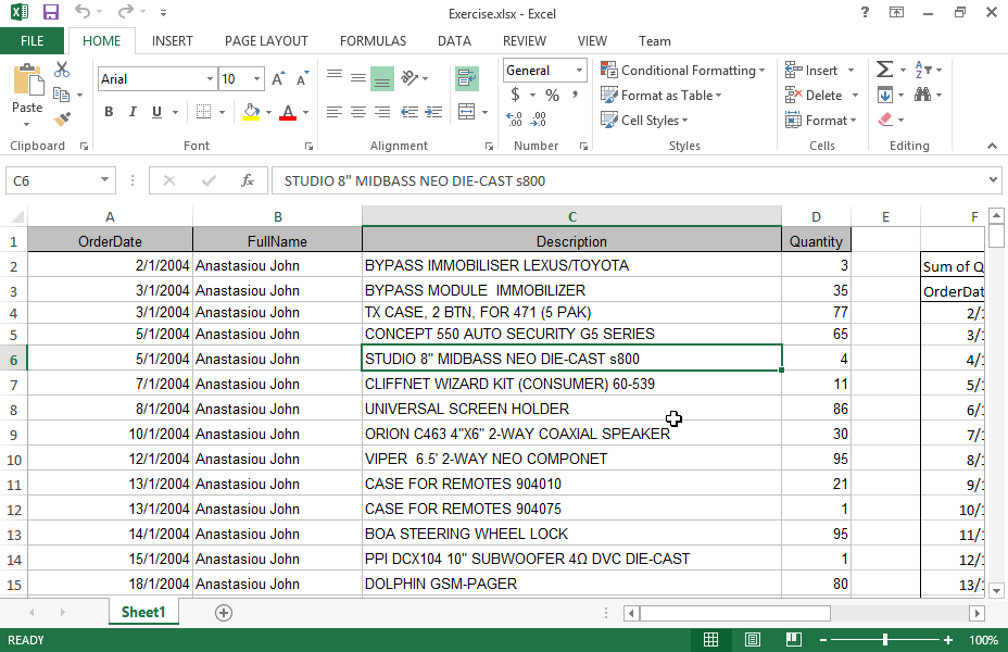 Navigate to the pivot table and apply grouping by Months on the column OrderDate. Navigate to the pivot table and apply grouping by Months on the column OrderDate.